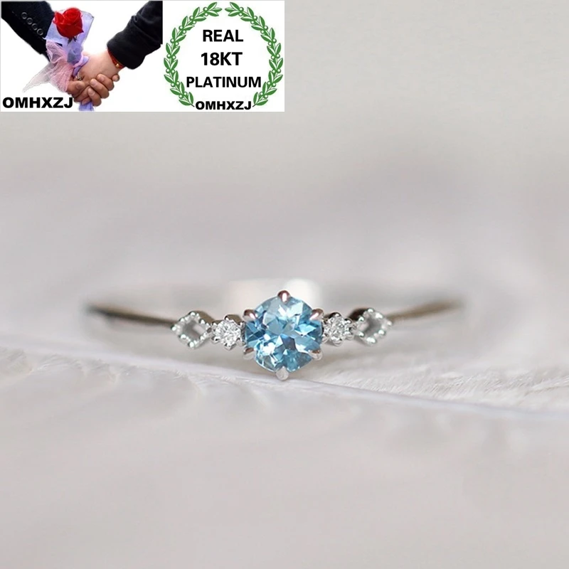 OMHXZJ Wholesale European Fashion Woman Girl Party Birthday Wedding Gift Simple Blue Topaz AAA Zircon 18KT White Gold Ring RR914