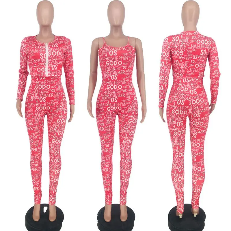 

2021 Spring Sexy Letter Printed Cardigan Coat and Body Suits for Women Lounge Wear Women 2 Piece Matching Set Fashion Streetwear