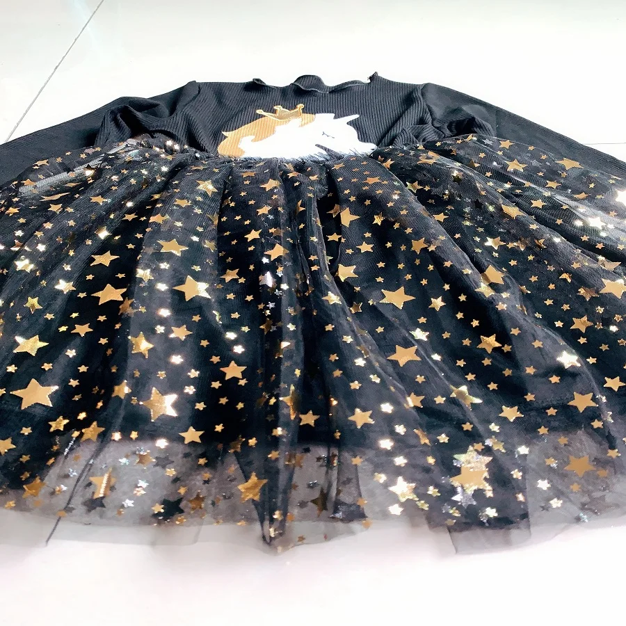 Baby Girl Cute Unicorn Dresses Autumn Long Sleeve Knitted Girls Dress Christmas Party Star Mesh Princess Children Clothing | Детская