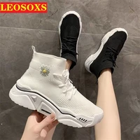 new knitted high top female sports shoes fashion breathable thick soled outdoor casual shoes soft soled walking running shoes