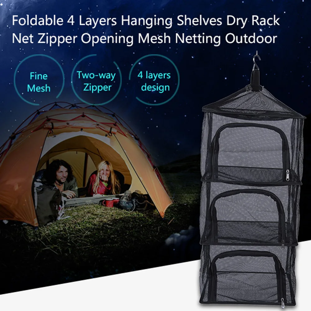 

Camping Dry Net Portable Folding 4 Layer Hanging Mesh Foods Dish Outdoor BBQ Picnic Bag Rack Shelf Storage Basket Tableware