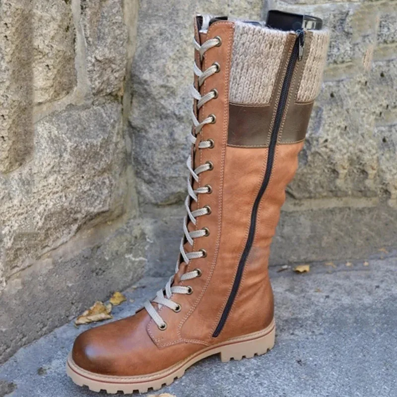 

Newly Women Middle Calf Boots Low Thick Heel Winter Vintage PU Leather Lace up Booties Shoes m99