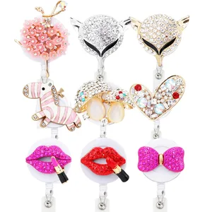 Idclip 9pcs Lot Retractable Badge Holder with Alligator Clip Cord ID Reel Fox Dress Girl Horse Style
