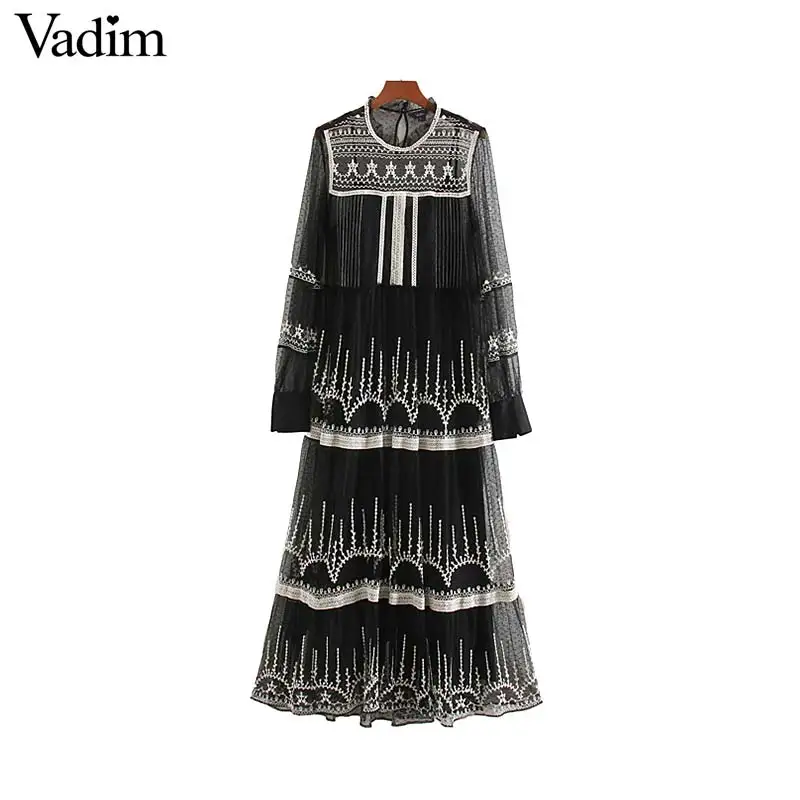 Vadim женское шикарное Сетчатое платье миди с вышивкой длинным рукавом круглым