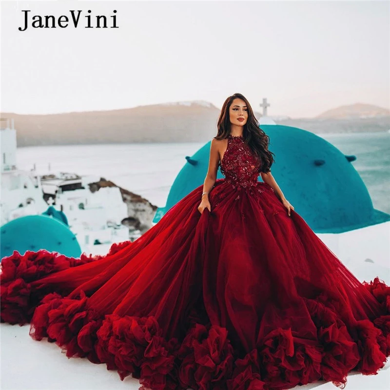 JaneVini Arabic Luxury Burgundy Ball Gown Evening Dresses Long Plus Size Beading Open Back Dubai Sexy Formal Dress Chapel Train |