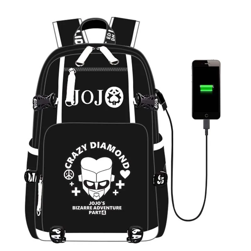Рюкзак JoJo Adventure, рюкзак, дорожная школьная сумка, рюкзак, сумка для книг, USB порт, Черная передняя молния для мужчин, подростков, студентов
