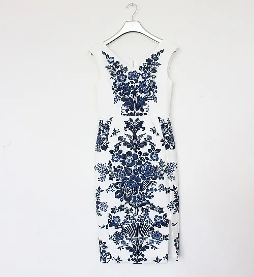 

Bodycon Dress 2020 Autumn Fashionable Women V-Neck Vintage Porcelain Print Split Sexy Sleeveless Pencil Dress Vestidos De Festa