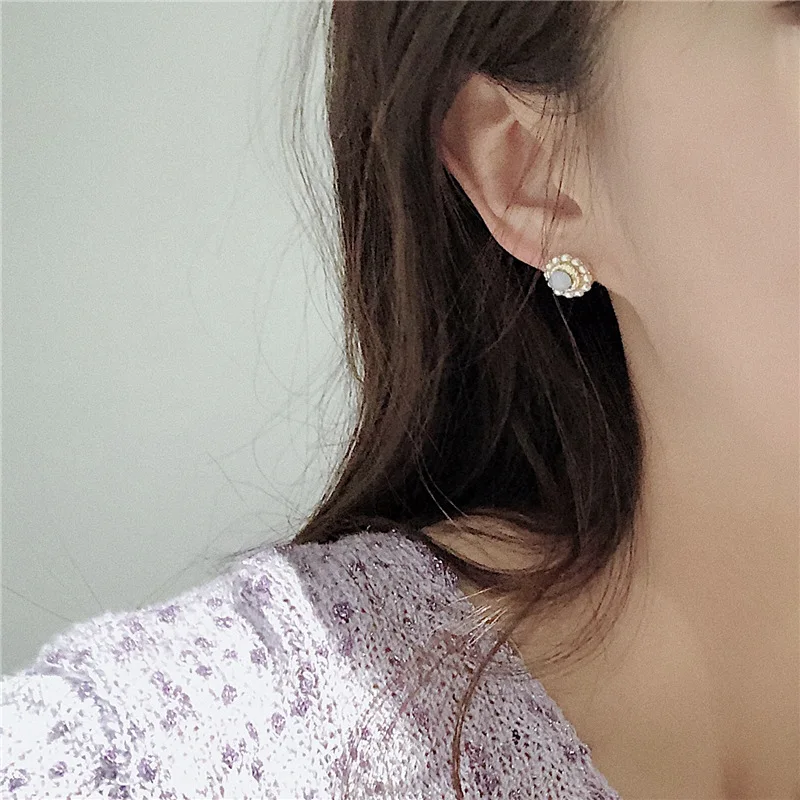 Корейские романтические серьги гвоздики с круглым опалом и жемчугом