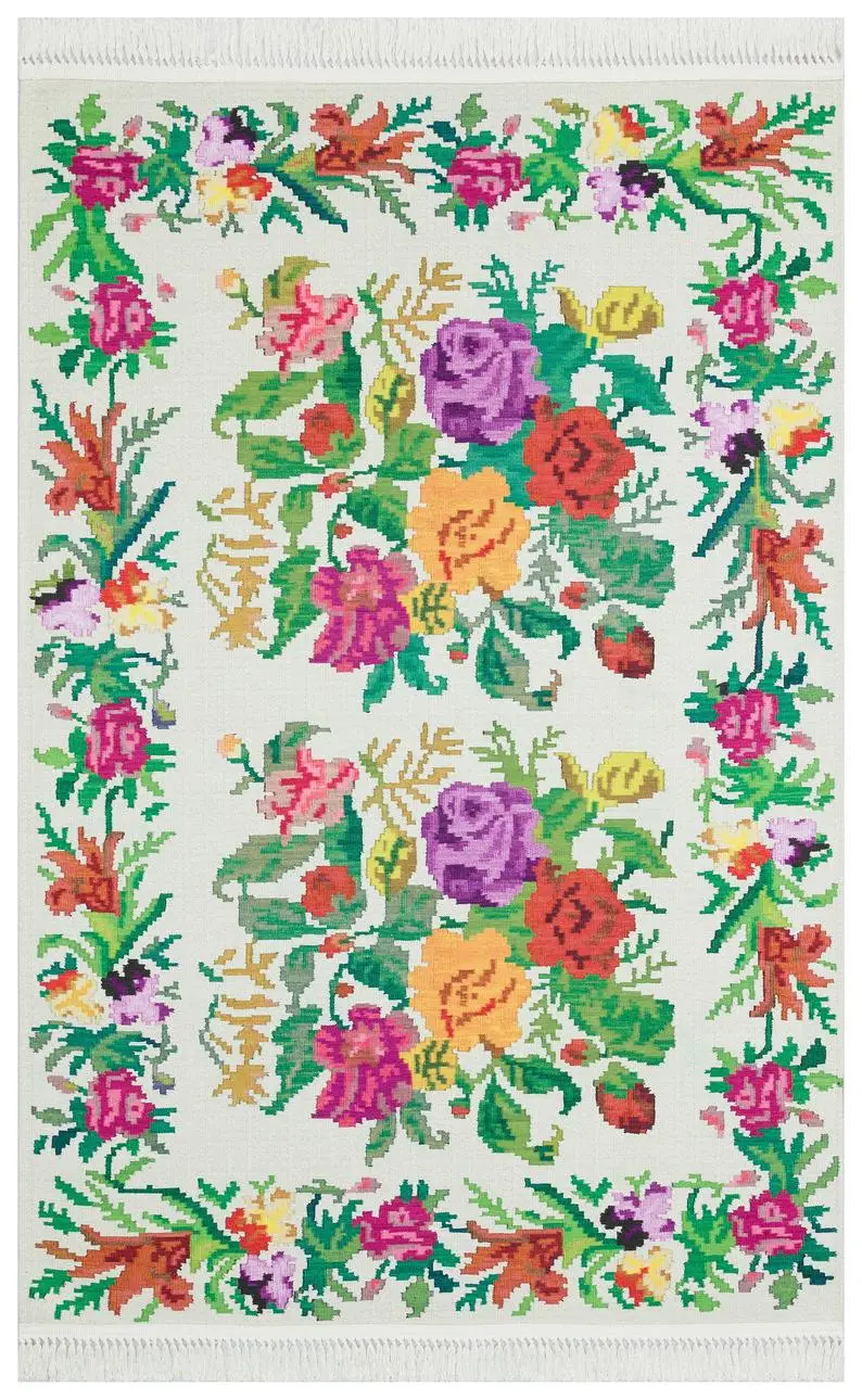 

Faik's Handmade Area Rug, "Luna" White Floral MADE IN TURKEY