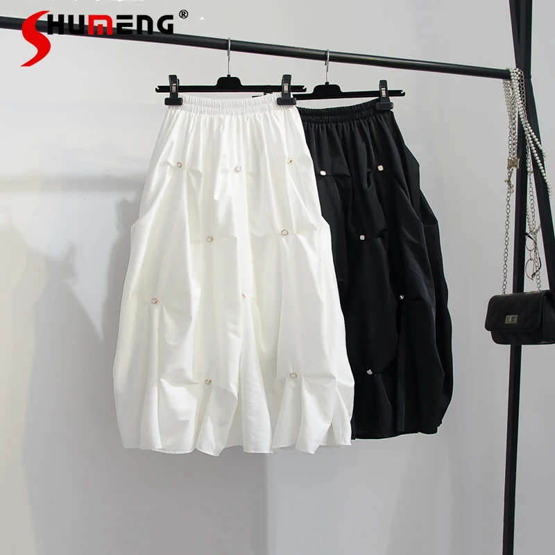 

2021 Korean Fashion Clothing Ladies Beaded Pleats Puffy Bud Midi Skirt Women Punk Japanese Pearl High Waist Irregular Pettiskirt