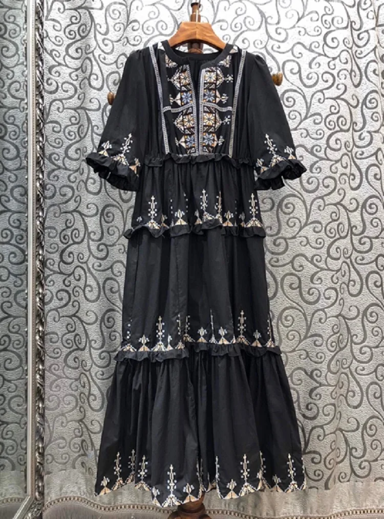 

Long Dress 100%Cotton 2021 Summer Evening Party Vestidos Women Vintage Embroidery Half Sleeve Elegant White Black Maxi Dresses