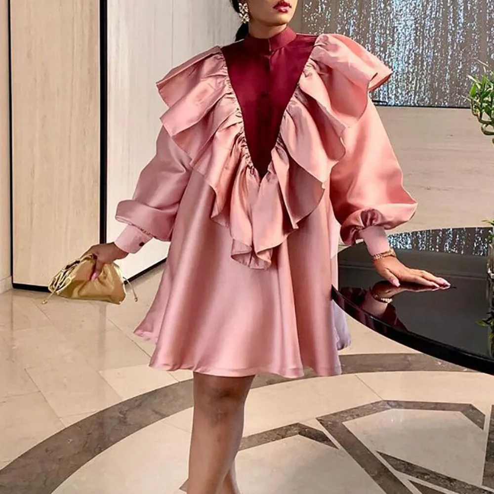 

Plus Size Dress Pink African 2021 New Loose Patchwork Midi Robe Femme Vestiods Autumn Casual Curve Female Puff Sleeve Women Robe