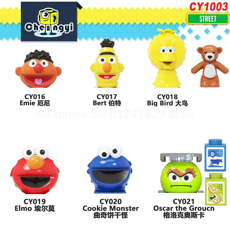 

2021 CY1003 Sesame Cartoon Anime Street Elmo Cookie Grover Zoe Ernie Big Bird Christmas Block Heads Gift Toys for Kids