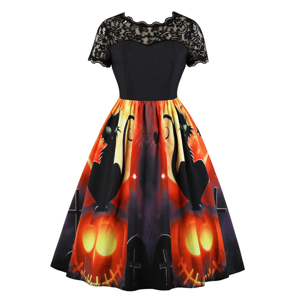 WEPBEL Новое поступление Женская мода короткий рукав А-силуэт Тыква Печать кружева