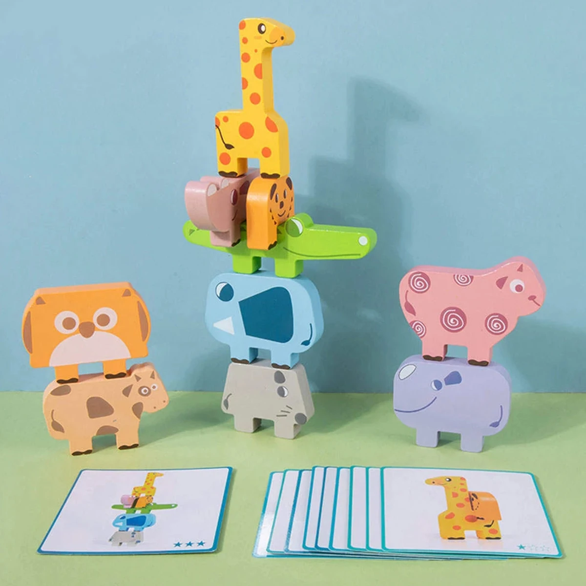 

10pcs Animal Balance Blocks Toys w/10 Challenge Cards Wooden Balance Blocks Puzzle Educative Montessori Stacking Animal Toys