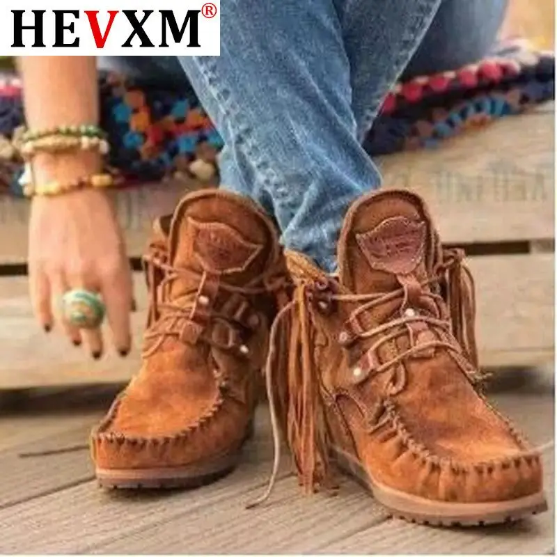 

Women ankle boots flats vintage autumn warm matin tassels height incleasing shoes plus size booties woman mujer zapatos