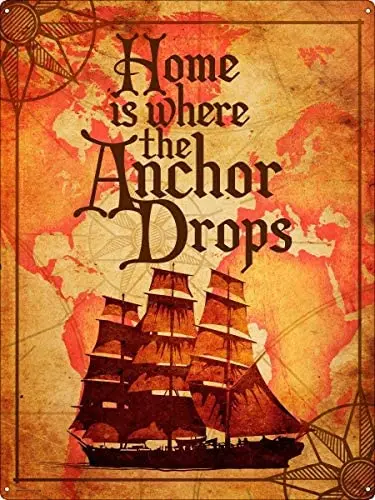 

Tin Sign Home is Where The Anchor Drops Nautical 12x9 inch