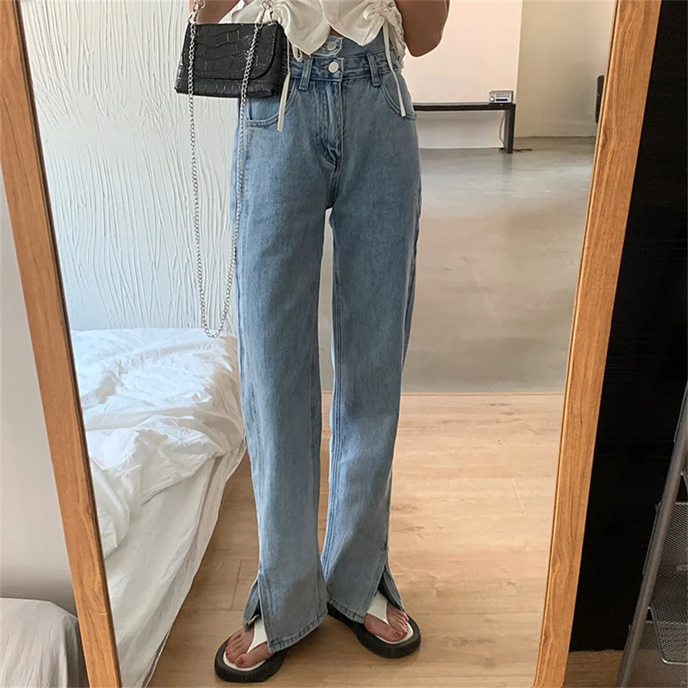 

Harajuku 2021 Retro Blue Hollow Out Sexy Denim Pants Women Jeans New Split Loose Autumn Chic Casual Hot Girls Stylish Trousers