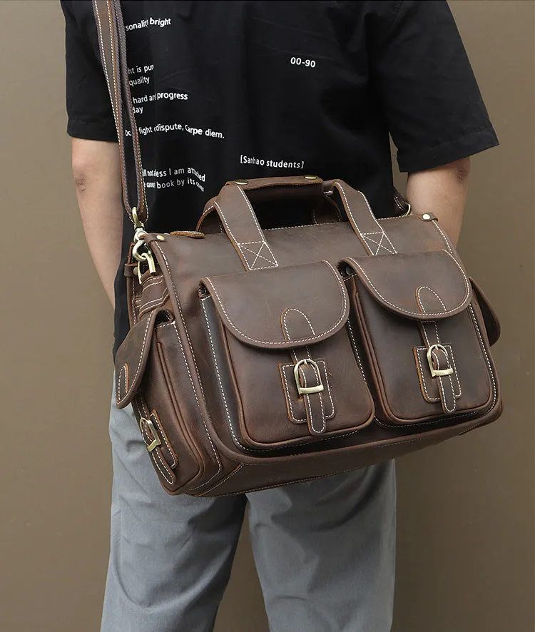 Vintage Men's Briefcase Genuine Cowhide Leather 15&quot PC Laptop Bag Crazy Horse Business Messenger Work Tote for man | Багаж и сумки