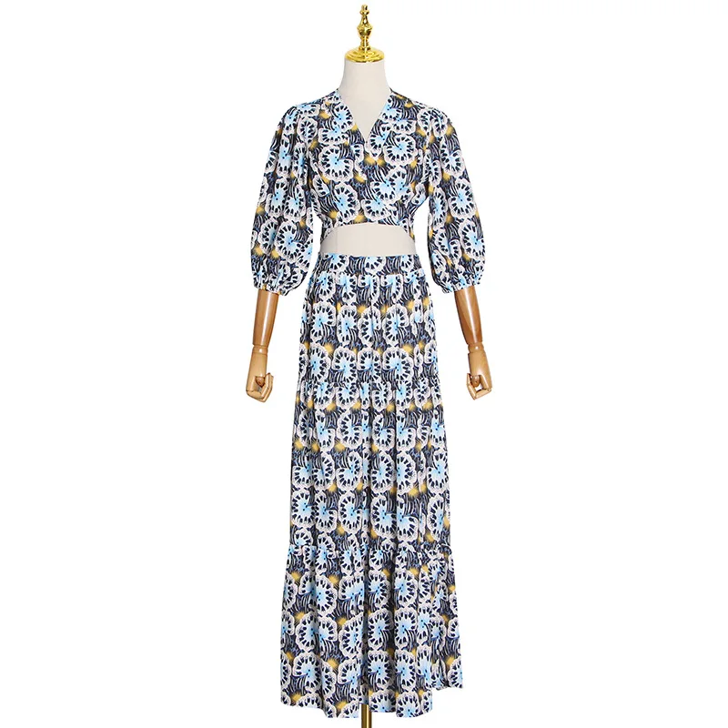 

New fashion temperament sexy v-neck navel high waist printed dress Outfits women