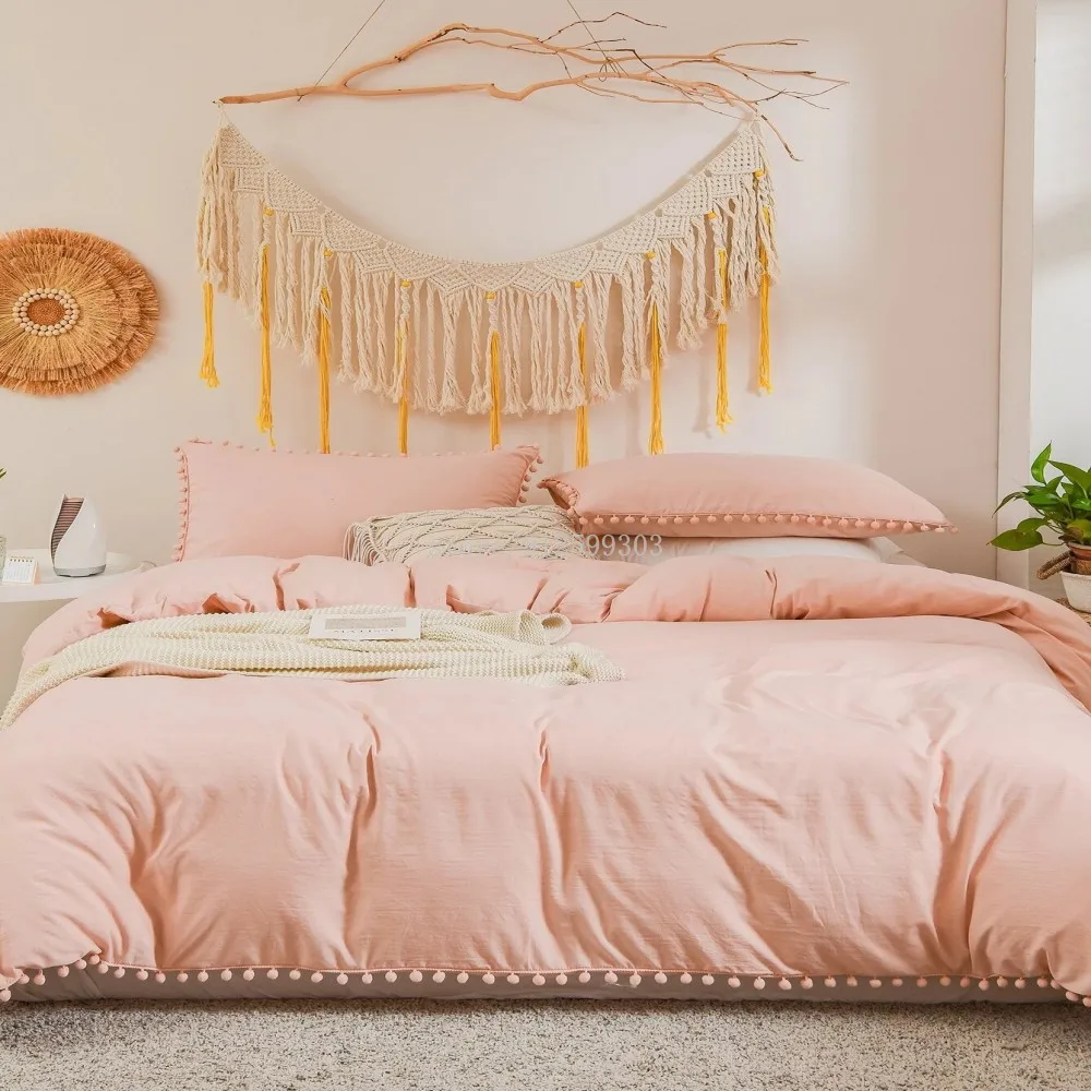 

Pink Wihte Black Bedding Sets With Washed Ball Decorative Microfiber Fabric Single Queen King Duvet Cover Pillowcase Comfortable