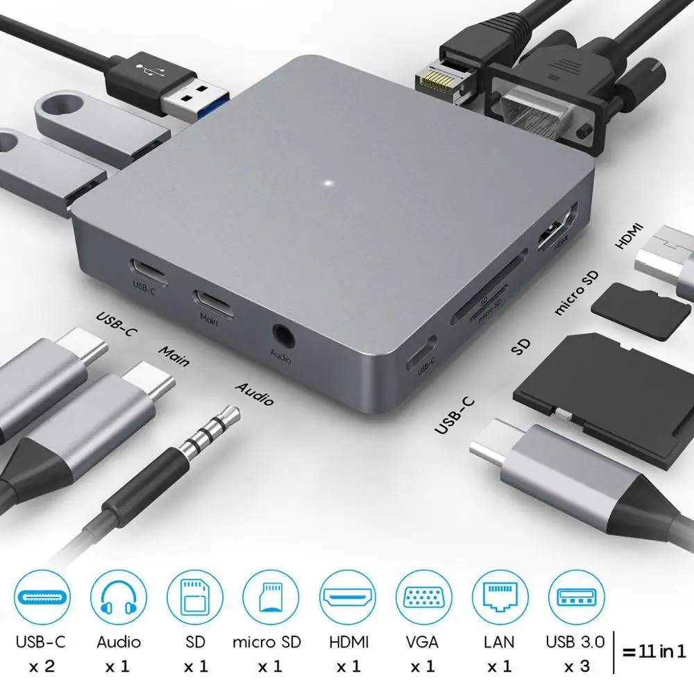 

USB C HUB 11 IN 1 Type c Adapter USB C to 3.5mm Jack Audio SD TF HDMI-compatible VGA RJ45 USB3.0 Type c Docking station