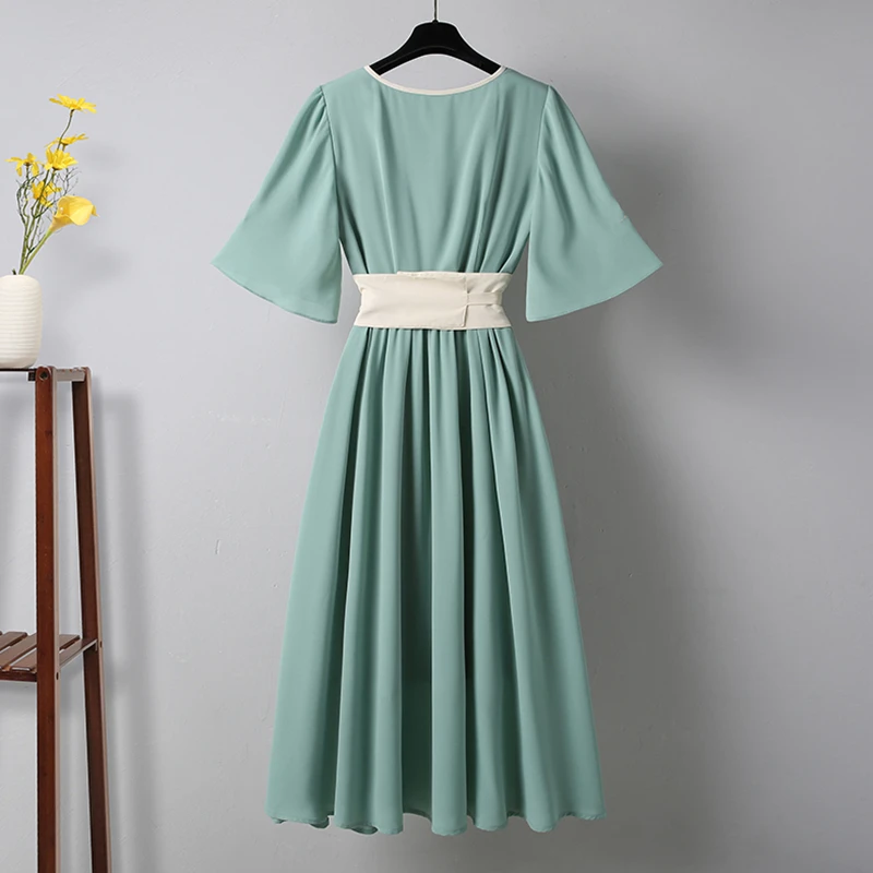 

Women Plus Size Improved Hanfu Chinese Style High Waist Retro Buckle Floral Embroidery Female V-Neck Ruffle Midi Dress Clothes