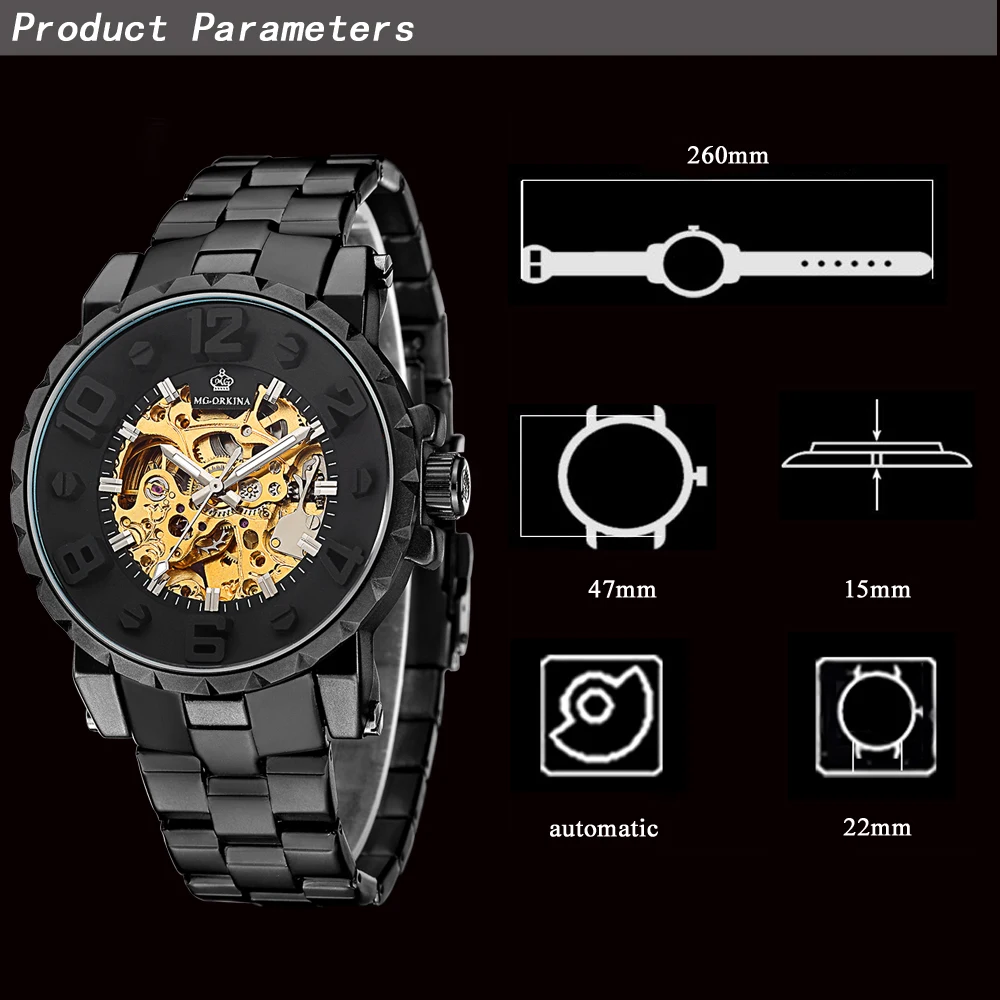 Reloj Hombre бренд Orkina НОВЫЙ Скелет Мужские автоматические механические часы из