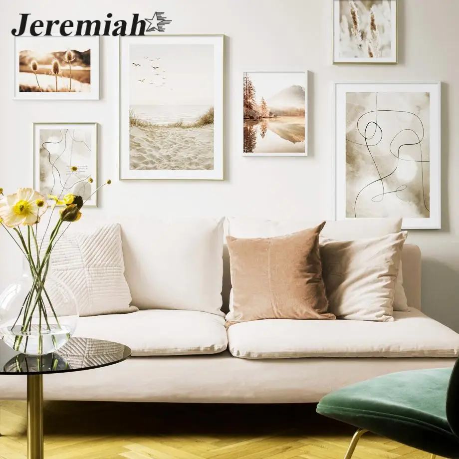 

Абстрактная картина восхода солнца на холсте с изображением сухих цветов на пляже в скандинавском стиле, постеры, картины для гостиной, гал...