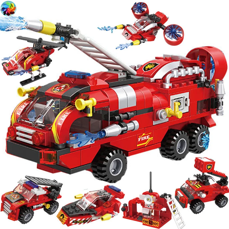 

387PCS 6in1 Fire Fighting Building Blocks Trucks Car Helicopter Boat City Firefighter Firemen Figures Bricks Toys Children Gift