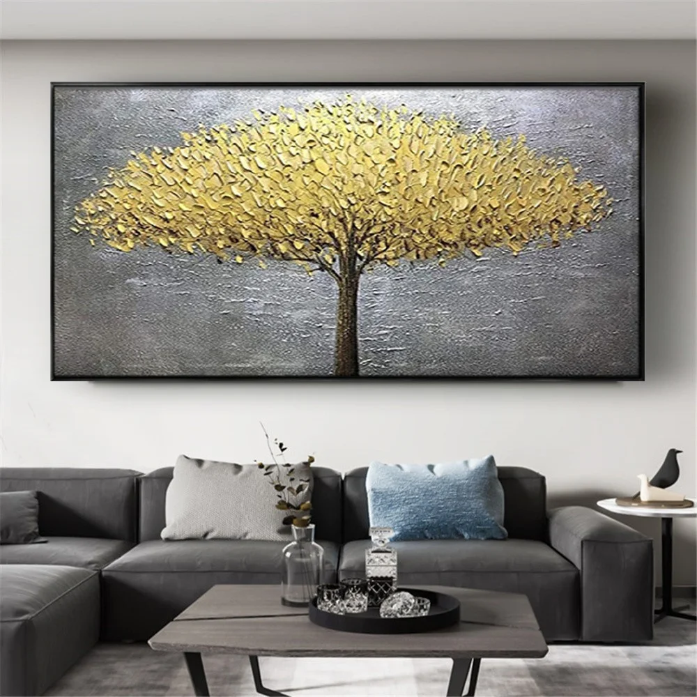 Nordic Fashion Home Decoration Painting Hand-painted Beautiful Oil Yellow 3D Textured Leaves A Big Tree Salon Mural art