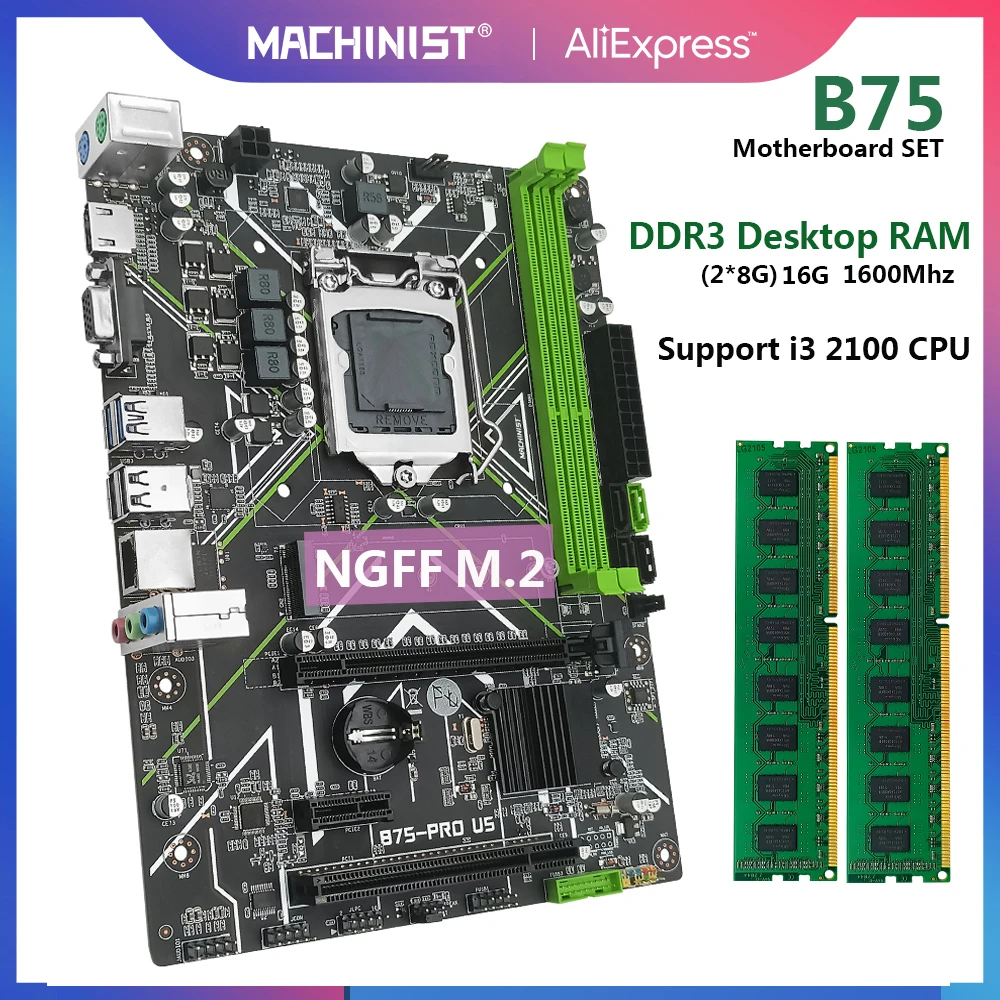 

MACHINIST B75 Motherboard LGA 1155 Set Kit with 16G(2*8G) DDR3 Desktop Memory 1600Mhz NGFF M.2 SATA3 USB3.0 Micro-ATX B75-PRO US