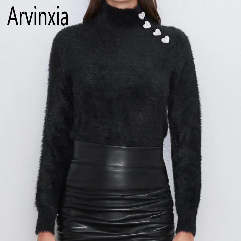 Arvinxia ZA модные однотонные женские свитера с высоким воротом и пуговицами в форме