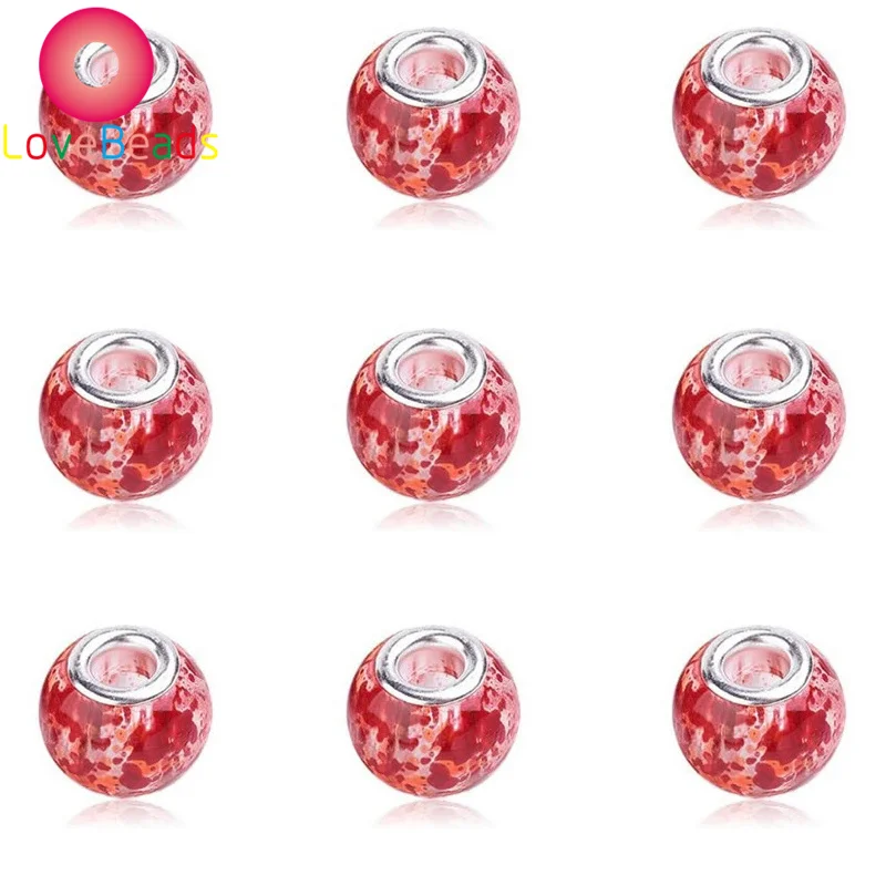 

10Pcs Red Color Glass Paint Big Hole Spacer Loose Beads Fit European Charms Pandora Bracelet Slide Chain Beads for Jewelry Gift