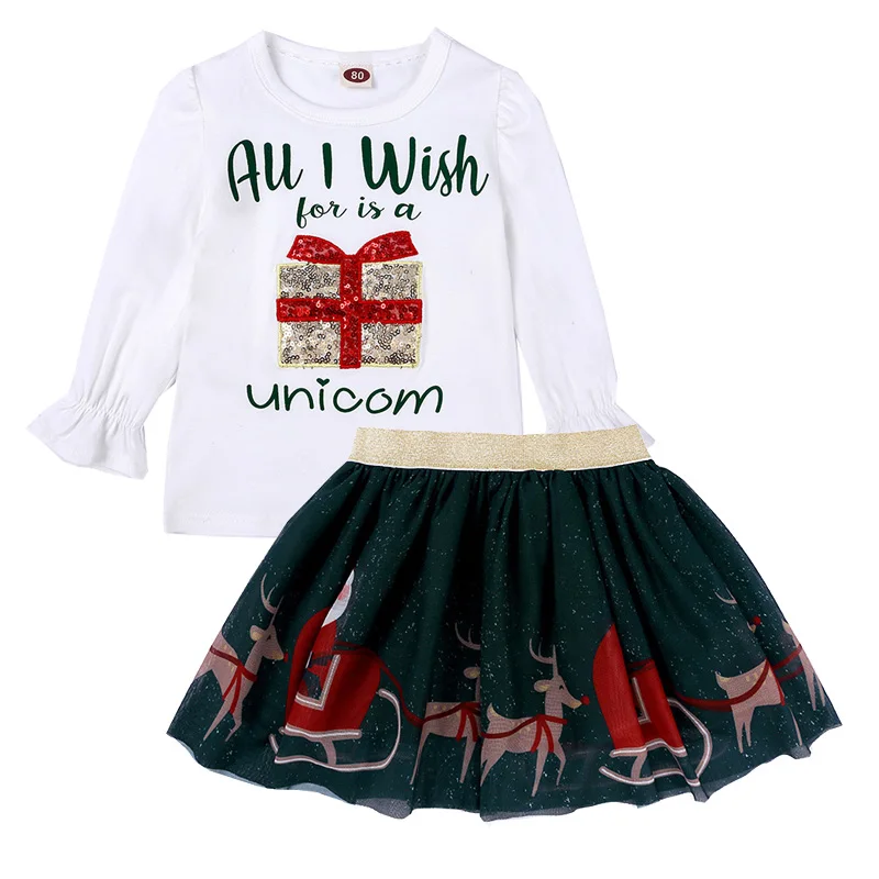 

Girls Christmas Outfit Kids Tshirt + Skirt Clothing Sets Quality Long Sleeve Children's Clothes
