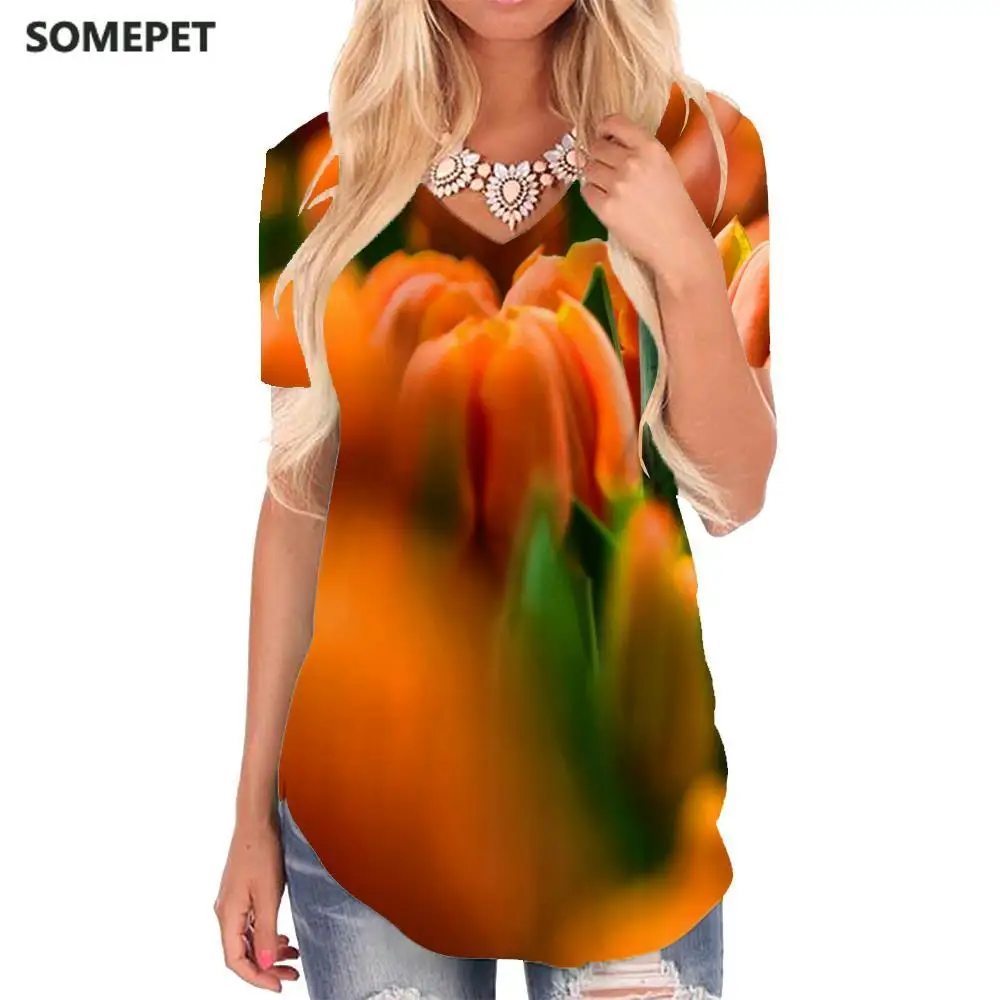 

Футболка женская с V-образным вырезом и 3D-принтом листьев