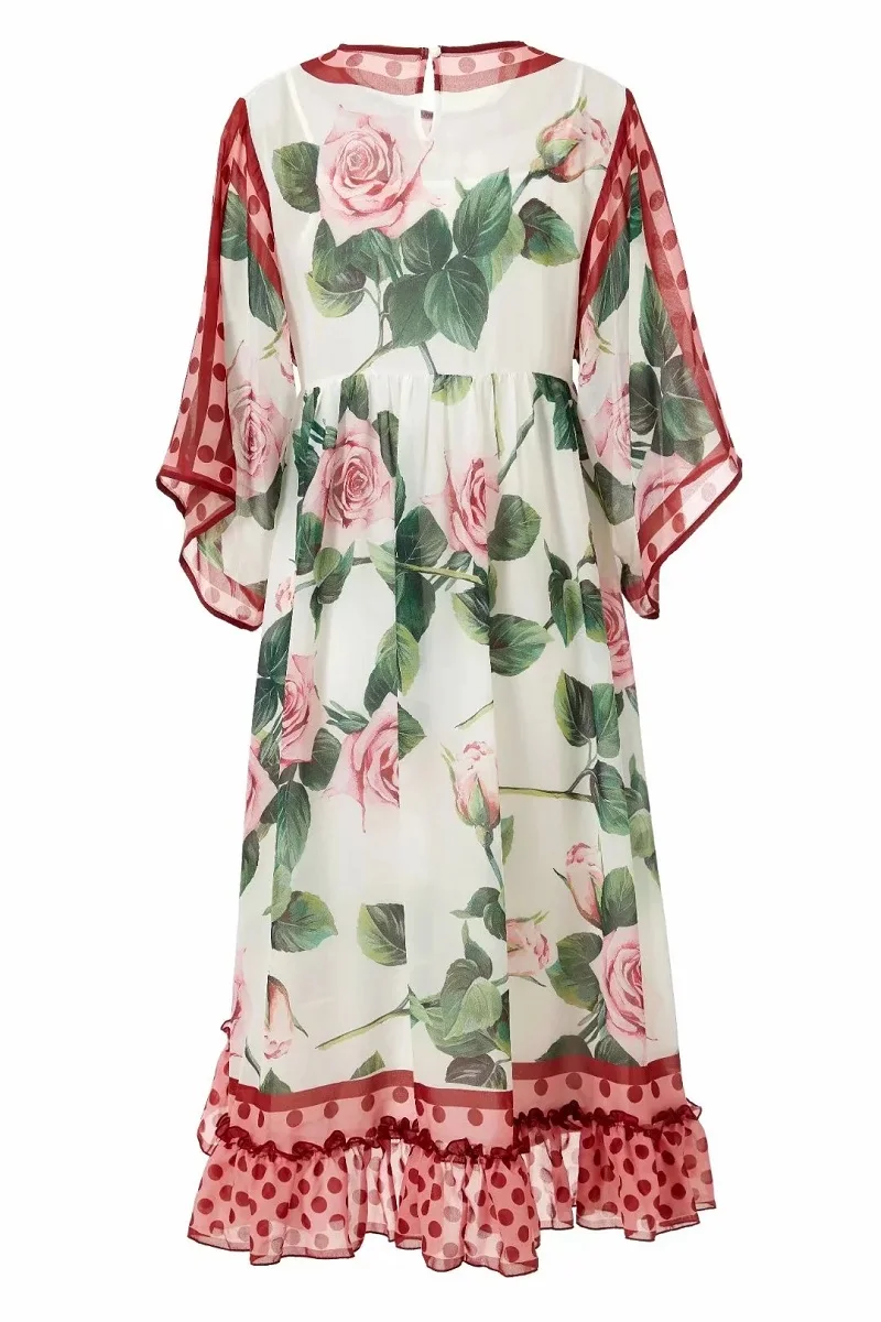 

Plus Size Clothing 2020 Summer Style Women Rose Flower Polka Dot Print Patchwork Flare Sleeve Casual Sexy Asymmetrical Dress 4XL