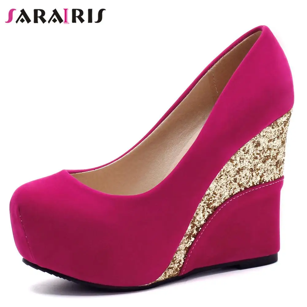 

SaraIris Large Size 43 Female Pump Flock Wedges High Heel Platform Concise Party Sexy Club Woman's Pumps Dress Trendy Lady Shoes
