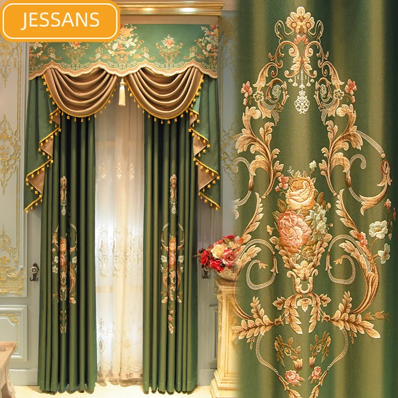 

2021 American Style Luxury High-end Atmosphere European Jacquard Curtains for Living Room Bedroom with Valance Custom Size