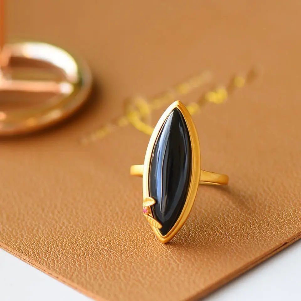 

Natural Hetian Jade Dark Jade Horse Eye Ring Delicate Mosaic S925 Sterling Silver Ancient Gold Inlaid Ring Shank Adjustable Open