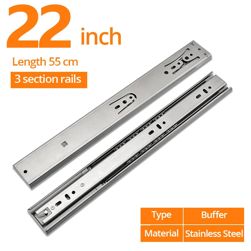 Buffer 22inch 55cm NAIERDI 1"-22" выдвижные направляющие для шкафа из нержавеющей стали с мягким закрытием, Трехсекционные направляющие для ящиков, направляющие для ящиков, буферные демпферные направляющие, оборудование - Цвет: Buffer 22inch 55cm