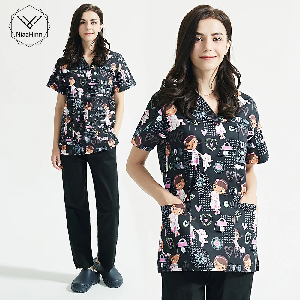 Летние костюмы унисекс для косметолога топы с мультяшным принтом скрабы