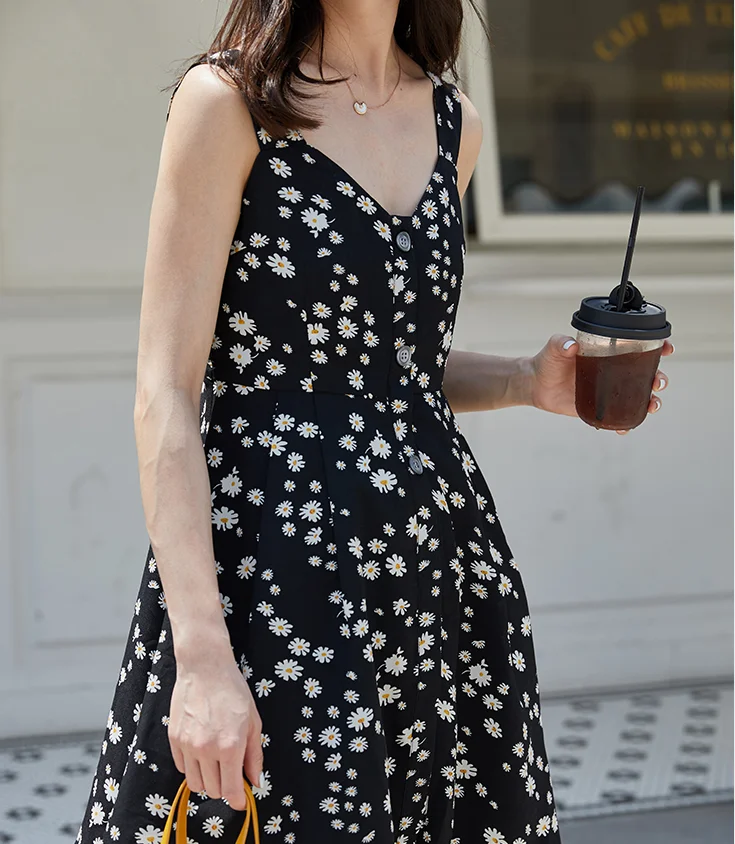 

Floral Summer Dress Girls Party Female Vintage slip dress braces print black Sleeveless Women Dresses oversize Robe Vestido