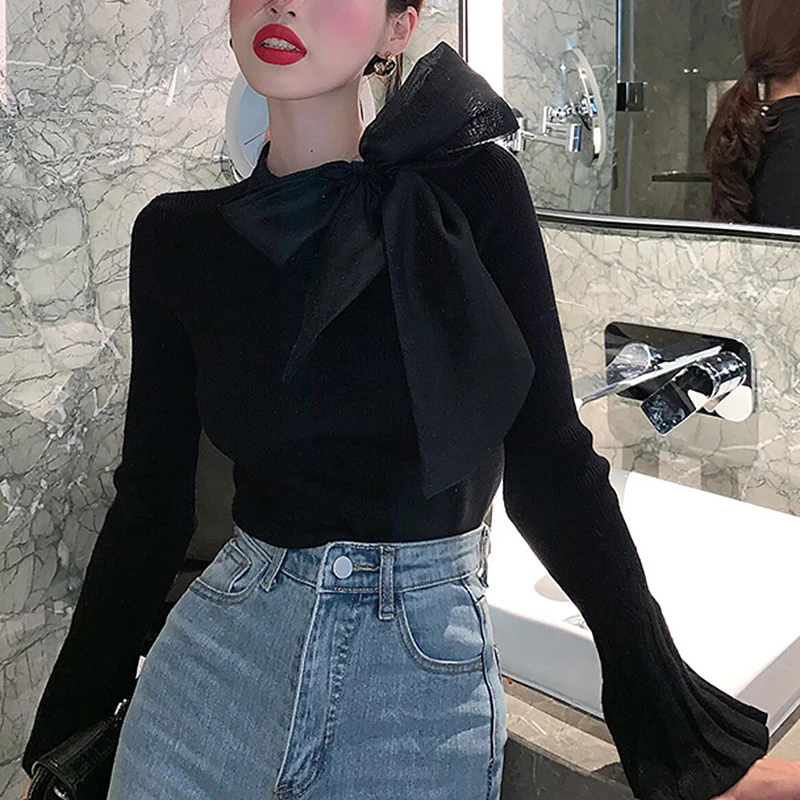 

Streetwear Korean Bow Sweater Women Autumn Winter Long Flare Sleeve Pullover Sweaters Contrast Color knitted sweater pull femme