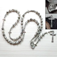 religious vintage jesus church retro acrylic gift round bead rosary long chain cross pendant necklace jewelry accessories