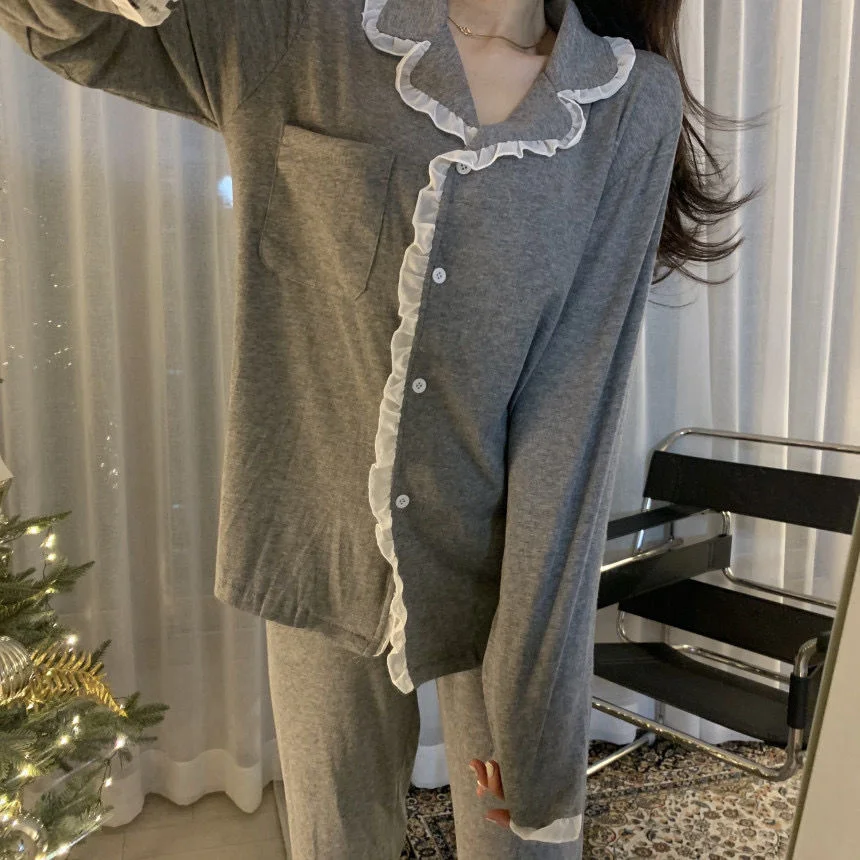 

New ins sweet pajamas girls spring and autumn long sleeve Korean version simple externally wearable trousers home clothes