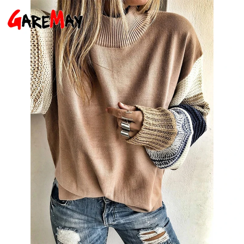 Color Block Sweater Female Autumn 2020 Jumpers Loose Long Sleeve O-neck Knitted Striped Oversized Fluffy Pullover Women | Женская одежда