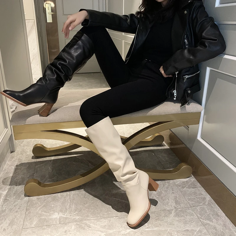 Arden Furtado Cow Leather Knee High Boots Women White Fashion Square Head Chunky Heels7.5cm Sexy Ladies Long Pleated Shoes | Обувь