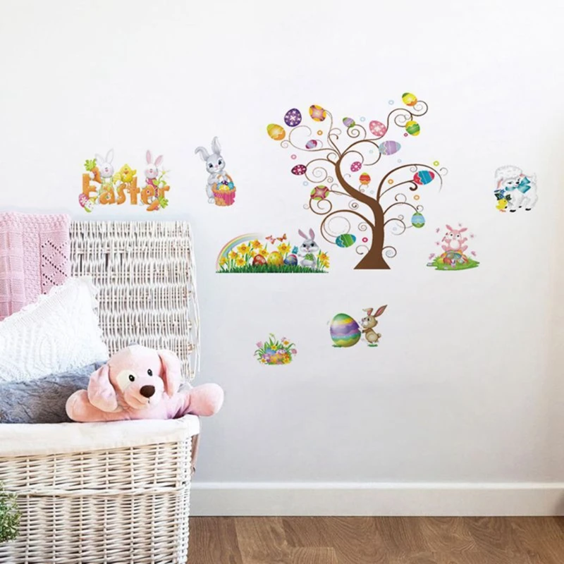 Пасха окна правилены наклейки дерево Банни наклейка с изображением яиц для стены