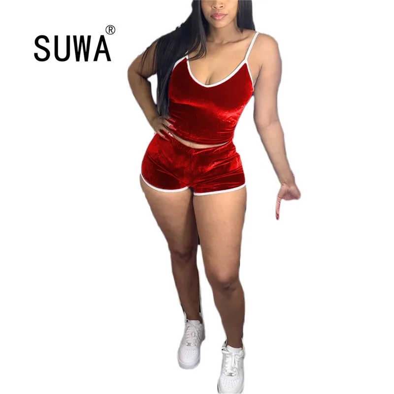 

women fashion Simple solid u collar backless crop top and hot shorts 2 pieces set beach style lady fahsion tracksuits